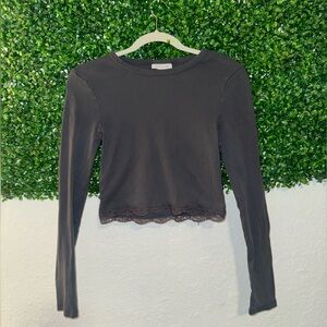 Topshop Long Sleeve Gray Top With Lace Trim Size 8
